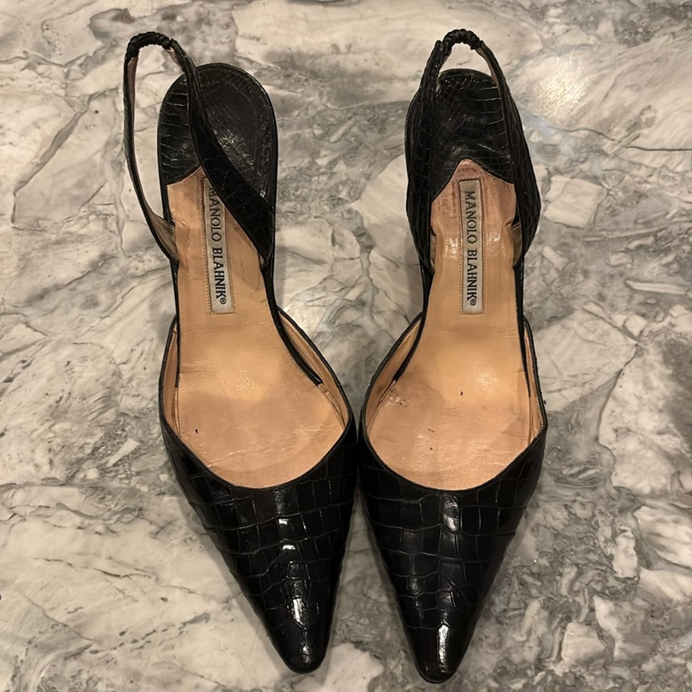 Vintage Manolo Blahnik Black Crocodile Slingback Heels Shoes 
39